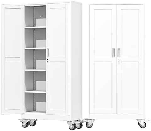 71" Metal Garage Storage Cabinet with Wheels and Locking Doors and Tall Rolling Steel Tool Cabinet with 4 Adjustable Shelves for Garage,Home,Office,Shop (White, 71''H x 30''W x15''D)