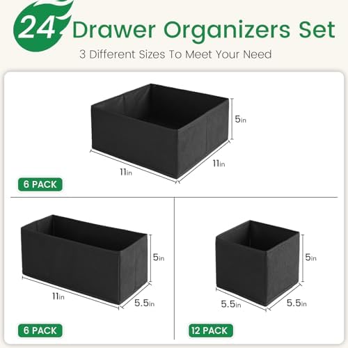 Criusia Drawer Organizer Clothes, 24 Pack Underwear Drawer Organizers, Foldable Closet Organizers and Storage Dresser Drawer Dividers Clothing Organizer for Clothes, Socks, Scarves, Bra, Ties (Black)