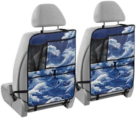 2 Pack Back Seat Car Organizer with Storage Pockets Kick Mats Back Seat Protector Hanging Car Organizer Automotive Seat Back Cover Organizers Japanese Deep Blue Sea Waves