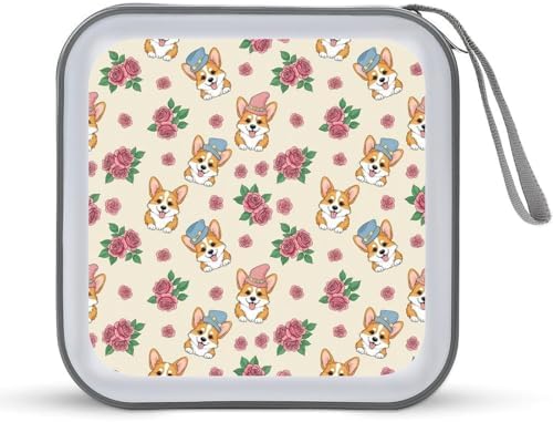 Portable 40-Capacity DVD Storage Binder Floral Flowers Cute Corgi, Hard Case CD Holder with Zipper, Organizer for Music Movies Game Discs
