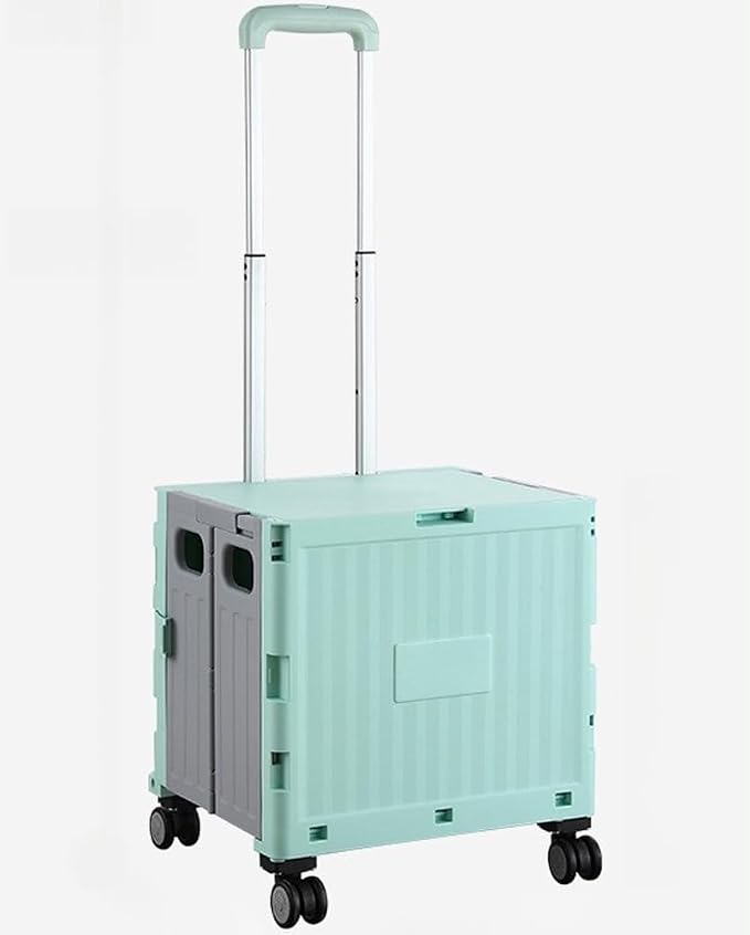 Collapsible Shopping Box Trolley on Wheels with Lid,75L Large Capacity Folding Portable Rolling Crate Handcart with Telescopic Handle for Camping (Green,Medium Four Wheel)