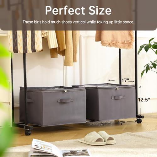 INSTY 2 Pack Shoe Organizer for Closet, Fits up to 32 Pairs, Adjustable Dividers for Shoe Storage, Fabric Shoe Storage Bins with Clear Cover, Grey