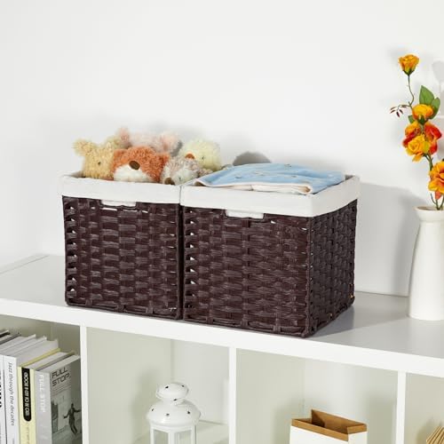 Bidtakay Wicker Storage Baskets with Liners 11x11 Storage Cube Bins for Organizing Imitation Rattan Woven Baskets 2-Pack Woven Storage Baskets with Handles for Pantry-Reddish Brown