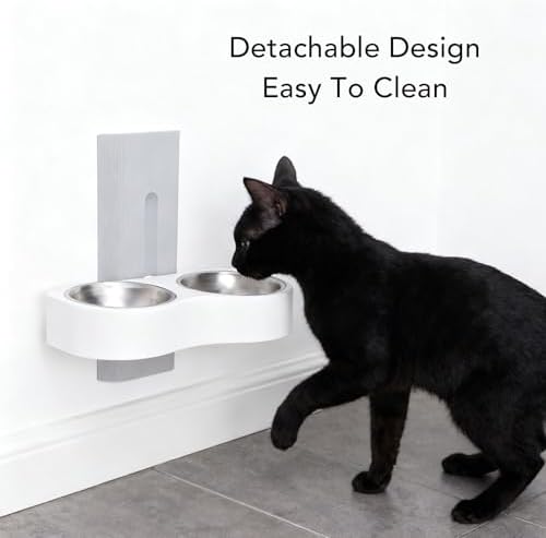 Wall Mounted Dog Bowls, Raised Cat Double Stainless Steel Bowl, Elevated Food and Water Bowls Feeder Station with Durable Design, Ideal for Small Pets & Kitten Feeding (Grey White)
