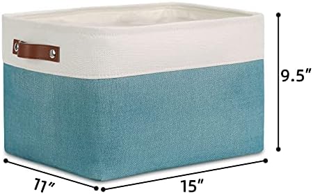 DULLEMELO Fabric Storage Basket for Shelves/Closets, Collapsible Rectangle Basket for Organizing Clothes, Toys, Towels, Books, Laundry, Nursery, Dog Toy Basket Empty (White&Teal)