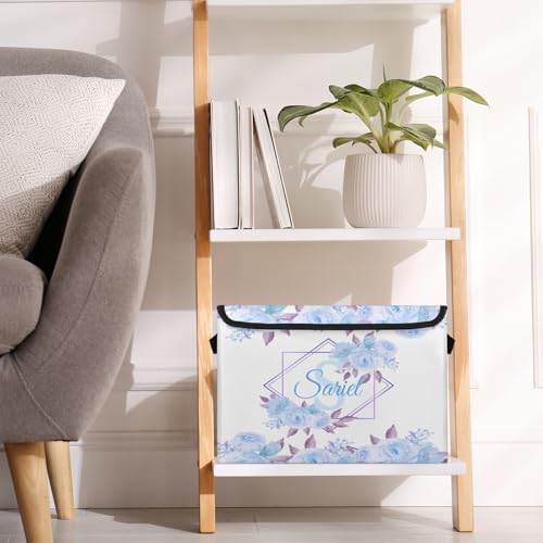 Blue Floral Storage Bin with Lid Personalized Storage Baskets for Organizing Foldable Closet Organizers with Handles,Cute Basket for Boys Girls for Clothes Blanket Pet Dog Toy Basket Storage (1 Pack)
