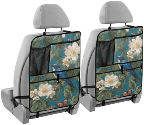 2 Pack Back Seat Car Organizer with Storage Pockets Kick Mats Back Seat Protector Hanging Car Organizer Automotive Seat Back Cover Organizers Vintage Blue Bird Flowers Butterflies