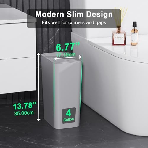 N. NETDOT 3 Pack (2 of 4 Gal & 1 of 2.6 Gal) Small Trash Can with Lid,Bathroom Garbage Can with Pop-Up Lid,Waste Basket for Bathroom,Kitchen,Bedroom,Powder Room,Craft Room,Office,College (Gray)