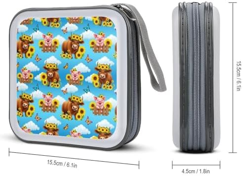 Hard Plastic 40-Disc Storage Binder Sunflower Butterflies Highland Cow Pig, Protective CD/DVD Wallet with Zipper, Portable Organizer for Movies Music