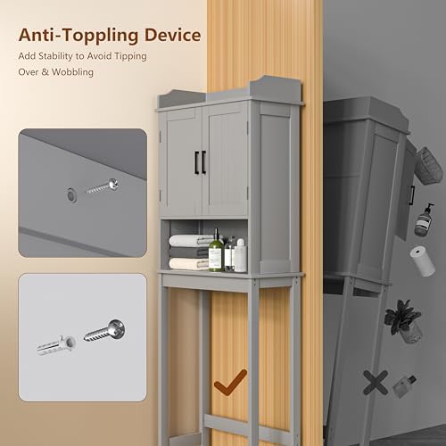 Yardenaler Over-The-Toilet Storage Shelf with Doors, Bathroom Freestanding Organizer Space Saver with Adjustable Shelf, Gray