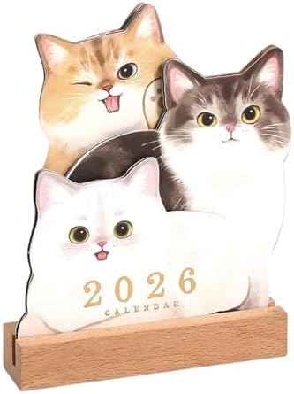 Desk Calendar Wooden Base Puppy Kitten Design Planner Decor Pad Date Daily