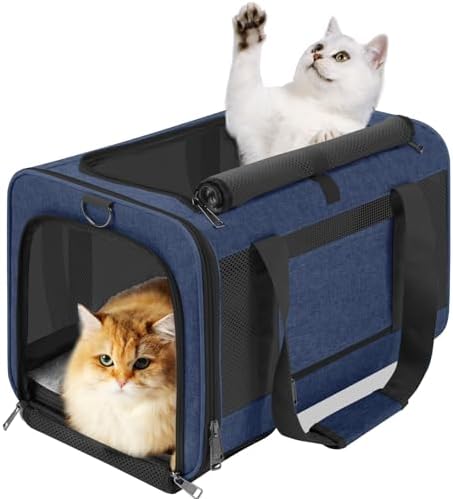 GAPZER Large Cat Carrier Soft, Collapsible Travel Pet Carry Bag, Small Dogs | Large Cats up to 20 lbs+ Maine Coon, Top Load Transport Small Puppy Dog Crate, Chihuahua Mini Dog 10lbs, Sturdy Fabric Navy