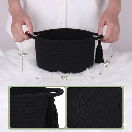 Small Gift Basket Empty to Fill with Gifts Bag & Ribbon, Black | Cute Decorative Mini Woven Rope Basket with Handles for Gifting; Reusable for Bathroom Counter or Desk Catchall, 8 x 4.7 in