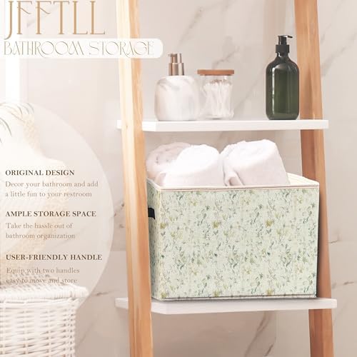 Vintage Green Floral Storage Bins with Handles, Watercolor Nature Flower Botanical Collapsible Laundry Basket Storage Box for Home Bedroom Bathroom Clothes Toys Books