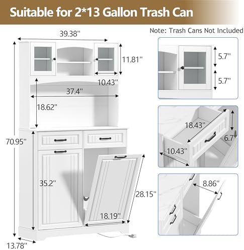 Double 13 Gallon Tilt Out Trash Can Cabinet with Deodorizing Function and Power Outlet, 71" Tall Wooden Garbage Can Holder Cabinet with 2 Storage Hutch & 2 Drawers for Kitchen and Dining Room, White