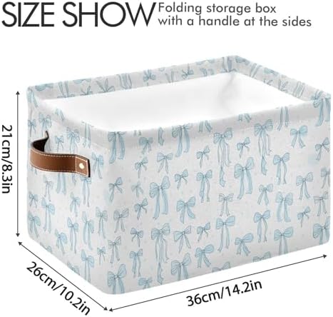 Wamika Bow Blue Storage Basket with Waterproof Liner and PU Handles Bowknot Cute White Storage Bins Boxes 14.2" Collapsible Decorative Organizer Baskets for Bedroom Closet Office 2 Pack