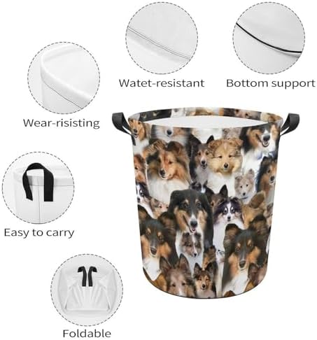 Sheltie Dog Print Laundry Basket, Funny Sheltie Dog Face Laundry Hamper, Foldable Waterproof Oxford Cloth Tote Bag Dirty Clothes Storage Bucket Organizer for Bathroom Bedroom