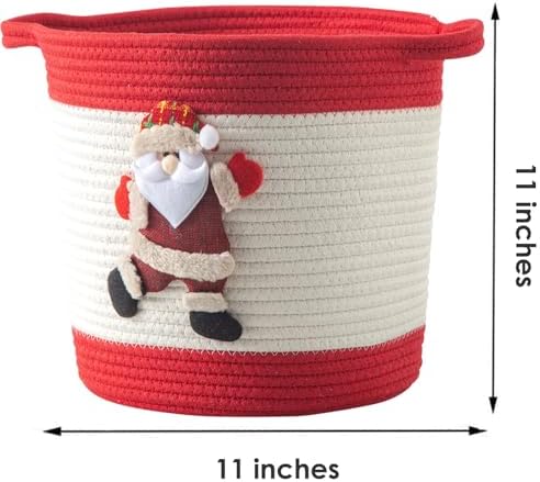 Christmas Basket with Santa Claus Doll, Woven Cotton Rope Christmas Storage Basket with Handles, Christmas Toy Baskets for Towels, Diapers, Red