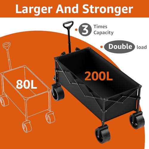 Collapsible Wagon Cart with Wheels Foldable - Folding Utility Heavy Duty Wagons Carts for Grocery Sports Garden Shopping Camping Wheelbarrows (Black200L)