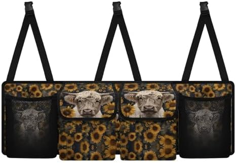 Highland Cow Sunflower Car Trunk Organizer Hanging Car Backseat Storage Bag Waterproof Collapsible Cargo Bag with 4 Pouches Trunk Storage and Decorative Accessories