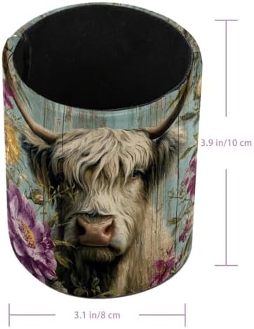 Faux Leather Pen Holder for Desk, Pencil Organizer Highland Cow Pen Cup Desk Decor Makeup Brush Holder Storage for Office Home