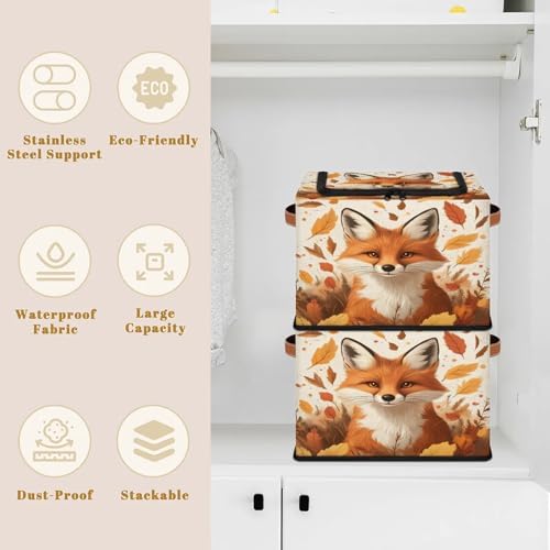 Fox Storage Bins with Zipper Lid Autumn Maple Leaves Foldable Fabric Organizer Box with Handles Rectangular Closet Clothes Organizer Containers