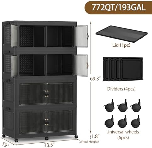 SAILUN 760Qt Stackable Storage Bins,Storage Cabinet with a Lid,4 Pack Black