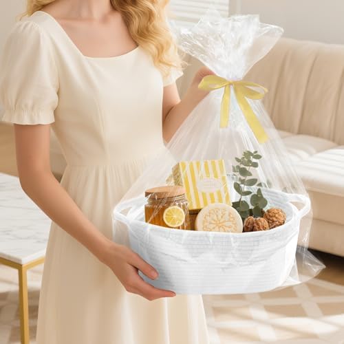 Woven Basket with Gift Bags and Ribbons, 14"X 10" X 6" Storage Basket White | Gift Storage Organizer Basket Bin Shelf Shelves Cotton Rope Basket for Nursery, Pet Toys