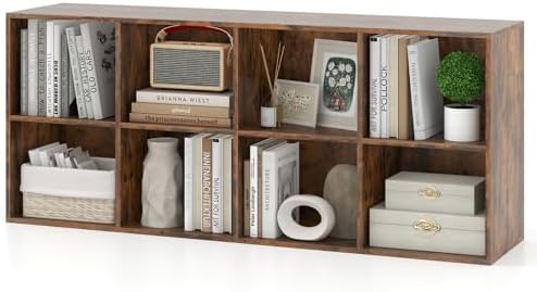 Giantex 8-Cube Bookcase, Floor Standing Bookshelf with Storage & 2 Anti-Tipping Kits, Open Storage Organizer, Cubby Wooden Book Shelf for Living Room, Study (Rustic Brown, 8-Cube)