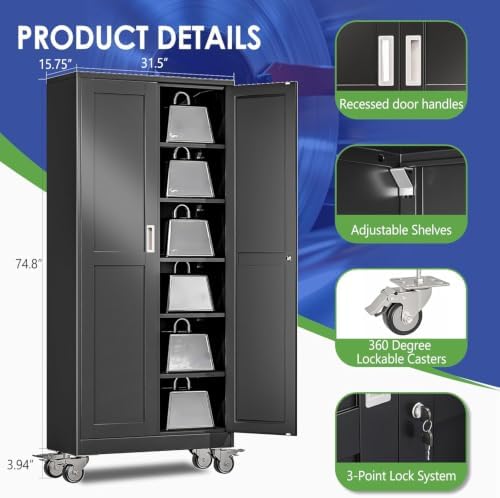 75" Metal Garage Storage Cabinet with Wheels and Locking Doors and Tall Rolling Steel Tool Cabinet with 5 Adjustable Shelves for Garage,Home,Office,Shop (Black, 75''H x 32''W x16''D)
