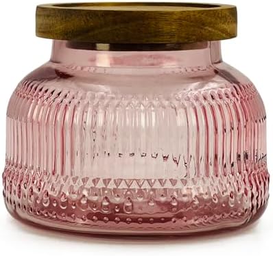 Decorative Pink Ribbed Glass Jar with Airtight Wooden Lid, 25.4 fl. oz | Wide mouth vintage storage canister, kitchen pantry bathroom organization, coffee sugar tea cookie candy candle vase gift