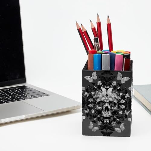 Skull and Butterfly Pen Holder for Desk Decor, Rectangular PVC Leather Pencil Cup for Desk Pen Organizer, Makeup Brush Holder for School, Home, Office