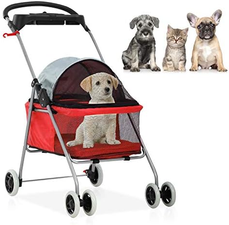 Meet Perfect Pet Stroller for Small/Medium Dogs & Cats, Red, Foldable | Waterproof fabric helps protect pets during outdoor travel; Mesh panels provide ventilation and visibility.
