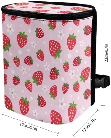 Pink Strawberry Car Trash Can with Lid - Collapsible Waterproof Garage Bag, Reusable Hanging Cute Automotive Garbage Bin, Adjustable Strap, Interior Organizer