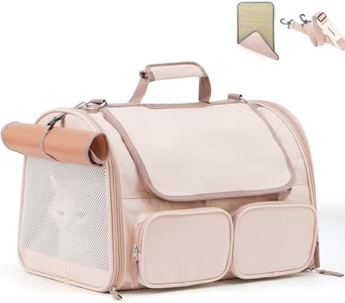 FUKUMARU Cat Carrier, Airline Approved Dog Carrier with Rollable Cover | Breathable Soft Cat Carrier, Multiple Doors & 4 Storage Pockets Cat Travel Bag, Durable Pet Carrier for Cat Under 15 lb, Pink