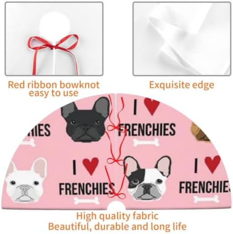 Christmas Tree Skirt, Soft Polyester Xmas Tree Skirts with Ribbon Ties, Rustic Farmhouse Holiday Party Decorations I Love Frenchies French Dog Design 30"