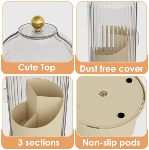 YOOLENS Makeup Brush Holder with Lid 360 Rotating Clear Dustproof Make Up Organizers for Vanity Bathroom Countertop, White Beige
