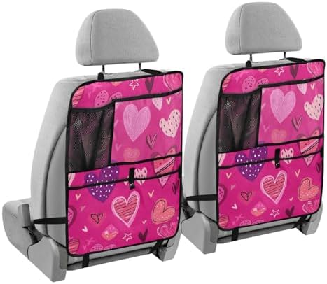 2 Pack Back Seat Car Organizer with Storage Pockets Kick Mats Back Seat Protector Hanging Car Organizer Automotive Seat Back Cover Organizers Hot Pink Doodle Hearts Stars