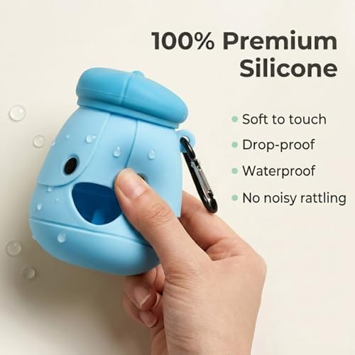 Dog Poop Bag Holder with Hands-Free Used Bag Clip & 1 Roll Bags | Cute silicone design with leash attachment and hands-free clip, making dog walking cleaner and more convenient outdoors