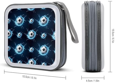 Portable CD/DVD Holder Ice Water Soccer Football, 40-Capacity Hard Case with Zipper, Protective Storage Binder for Music Movies Game Discs