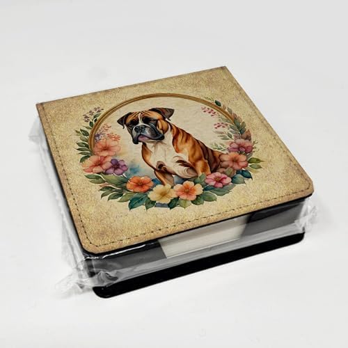 Caroline's Treasures Boxer and Flowers PU Leather Note Paper Holder with Artist-Designed Cover, Desk Accessory, Office Gift