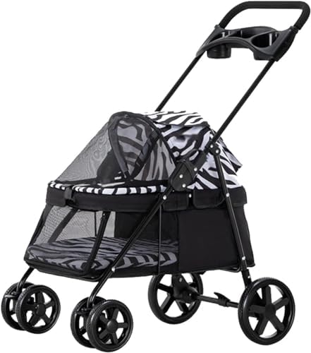 Small Pet Dog Pram Stroller for Cats with Cup Holder, Dog Strollers for Small Dogs Premium Stroller with Rain Cover, Breathable Pushchairs Pet Gear(Zebra)