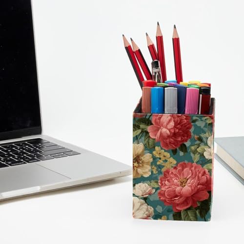 Beautiful Flowers Pen Holder for Desk Decor, Rectangular PVC Leather Pencil Cup for Desk Pen Organizer, Makeup Brush Holder for School, Home, Office