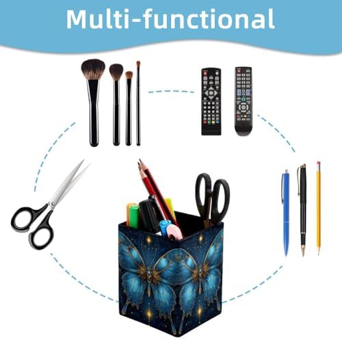 Butterfly and Stars Pen Holder for Desk Decor, Rectangular PVC Leather Pencil Cup for Desk Pen Organizer, Makeup Brush Holder for School, Home, Office