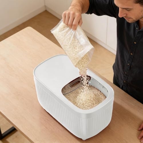 Airtight Rice Storage Container, Dry Food Dispenser with Transparent Sealed Lid for Kitchen Pantry Organization for Storing Rice, Cereal, Flour, Pet Food and Other Dry Ingredients (White, L)