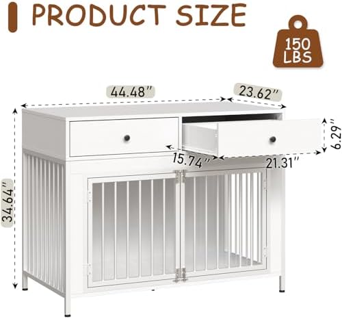 2 Pcs Large Dog Kennel Furniture with 2 Drawers, Wooden Dog Crate, White | 44 inch dog crate furniture with storage, decorate end table, dog cage for small medium large dogs