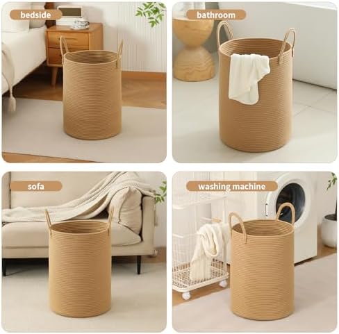 Laundry Basket Hamper Tall Rope Storage Woven for Blanket toys Dirty Clothes in Living Room Bathroom Bedroom (Jute Brown, 80L/21.3Gal)