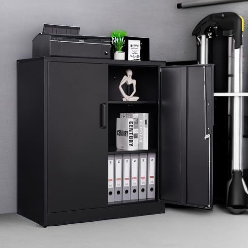 Metal Storage Cabinets with Lock, Small Locker Steel Cabinets, Adjustable Shelves 2 Doors for Home,Office, Warehouse,Garage(Black-36)