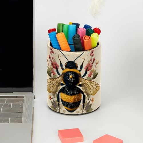 Faux Leather Pen Holder for Desk, Pencil Organizer Flower and Bee Pen Cup Desk Decor Makeup Brush Holder Storage for Office Home