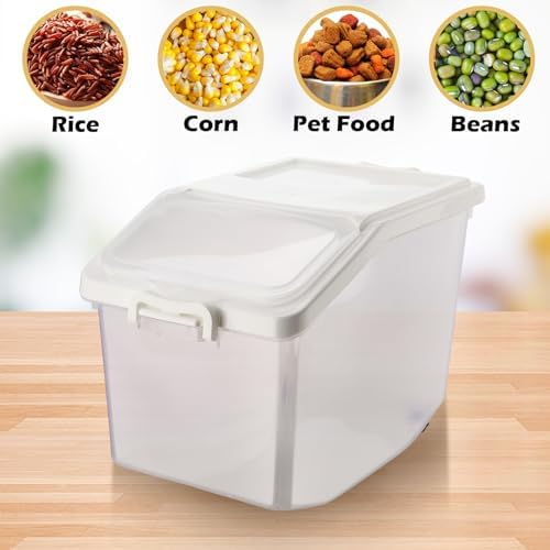 Sunnyray 4 Pcs Rice Storage Container 27.5 lb Airtight Flour Container with Wheels Measuring Cup White Pet Food Dog Cat Birds Food Bin Grain Cereal Organizer Box for Dry Baking Supplies